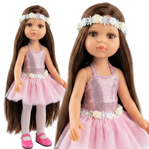 Lalka Hiszpańska 32 cm Paola Reina Amigas 78028, klasyczna, cała z winylu, brązowe oczy, długie brązowe włosy, sukienka z tiulem, ozdobna opaska na głowę, rajstopki, buciki