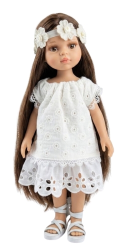 Lalka Hiszpańska 32 cm Paola Reina Amigas 78029, klasyczna, cała z winylu, brązowe oczy, długie brązowe włosy, sukienka z haftem, ozdobna opaska na głowę, majteczki, buciki rzymianki