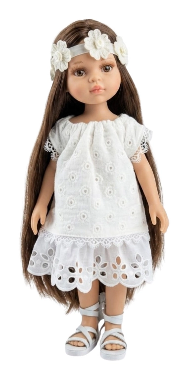 Lalka Hiszpańska 32 cm Paola Reina Amigas 78029, klasyczna, cała z winylu, brązowe oczy, długie brązowe włosy, sukienka z haftem, ozdobna opaska na głowę, majteczki, buciki rzymianki