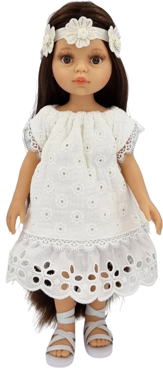 Lalka Hiszpańska 32 cm Paola Reina Amigas 78029, klasyczna, cała z winylu, brązowe oczy, długie brązowe włosy, sukienka z haftem, ozdobna opaska na głowę, majteczki, buciki rzymianki