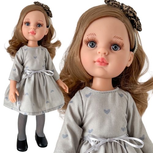 Lalka Hiszpańska 32 cm Paola Reina Amigas 78030, klasyczna, cała z winylu, niebieskie oczy, blond włosy, sukienka, opaska na głowę, rajstopki, buciki