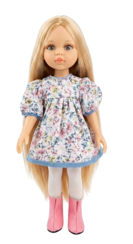 Lalka Hiszpańska 32 cm Paola Reina Amigas 78032, klasyczna, cała z winylu, niebieskie oczy, długie jasnoblond włosy, sukienka, rajstopki, buciki
