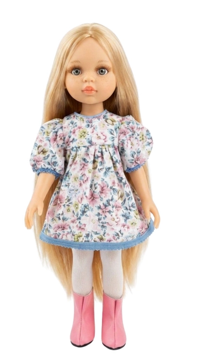Lalka Hiszpańska 32 cm Paola Reina Amigas 78032, klasyczna, cała z winylu, niebieskie oczy, długie jasnoblond włosy, sukienka, rajstopki, buciki