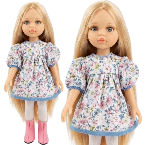 Lalka Hiszpańska 32 cm Paola Reina Amigas 78032, klasyczna, cała z winylu, niebieskie oczy, długie jasnoblond włosy, sukienka, rajstopki, buciki