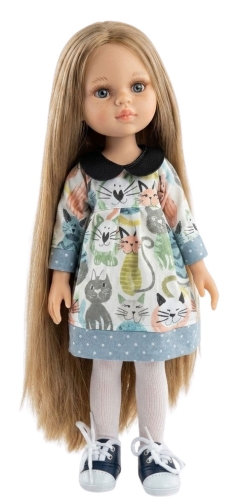 Lalka Hiszpańska 32 cm Paola Reina Amigas 78027, klasyczna, cała z winylu, niebieskie oczy, długie jasnoblond włosy, sukienka, rajstopki, buciki