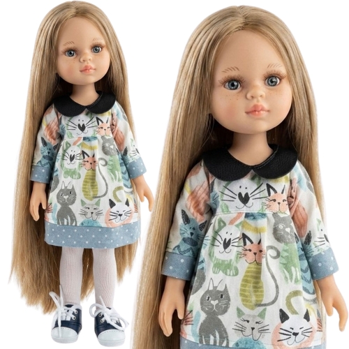 Lalka Hiszpańska 32 cm Paola Reina Amigas 78027, klasyczna, cała z winylu, niebieskie oczy, długie jasnoblond włosy, sukienka, rajstopki, buciki