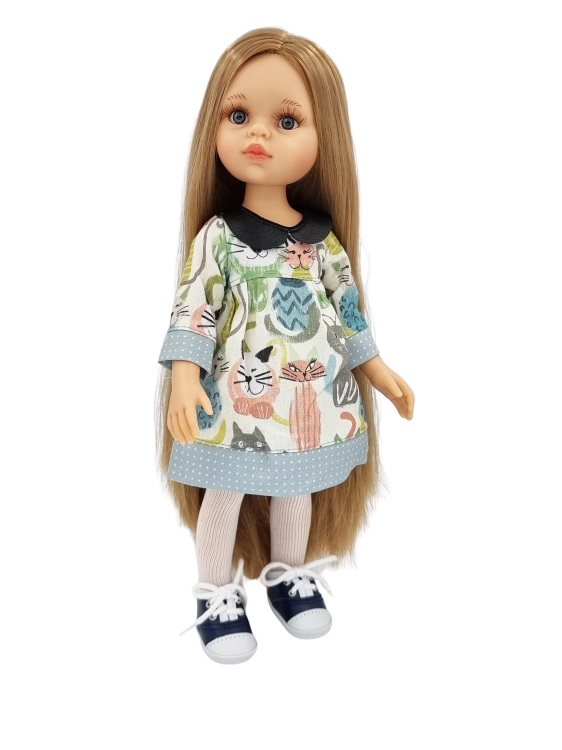 Lalka Hiszpańska 32 cm Paola Reina Amigas 78027, klasyczna, cała z winylu, niebieskie oczy, długie jasnoblond włosy, sukienka, rajstopki, buciki
