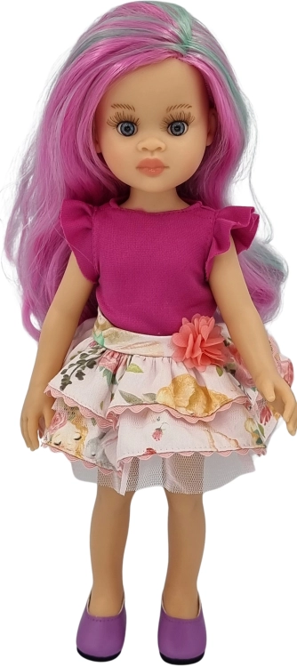 Lalka Hiszpańska 32 cm Paola Reina Amigas 78034, klasyczna, cała z winylu, niebieskie oczy, kolorowe włosy, bluzeczka, spódniczka, majteczki, buciki