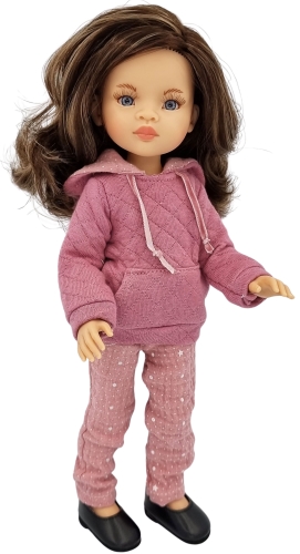 Lalka Hiszpańska 32 cm Paola Reina Amigas 78024, klasyczna, cała z winylu, przegubowa ruchome stawy, niebieskie oczy, brązowe włosy, bluza z kapturem, spodnie, buciki