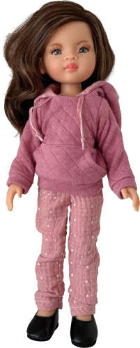 Lalka Hiszpańska 32 cm Paola Reina Amigas 78024, klasyczna, cała z winylu, przegubowa ruchome stawy, niebieskie oczy, brązowe włosy, bluza z kapturem, spodnie, buciki