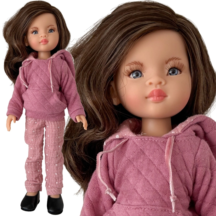 Lalka Hiszpańska 32 cm Paola Reina Amigas 78024, klasyczna, cała z winylu, przegubowa ruchome stawy, niebieskie oczy, brązowe włosy, bluza z kapturem, spodnie, buciki