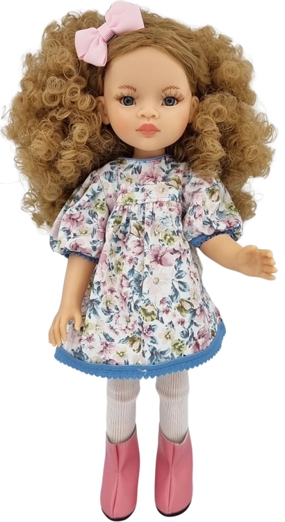 Lalka Hiszpańska 32 cm Paola Reina Amigas 78031, klasyczna, cała z winylu, przegubowa ruchome stawy, niebieskie oczy, piegi na buzi, kręcone blond włosy, sukienka, rajstopy, buciki