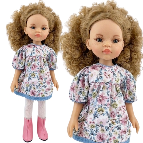 Lalka Hiszpańska 32 cm Paola Reina Amigas 78031, klasyczna, cała z winylu, przegubowa ruchome stawy, niebieskie oczy, piegi na buzi, kręcone blond włosy, sukienka, rajstopy, buciki