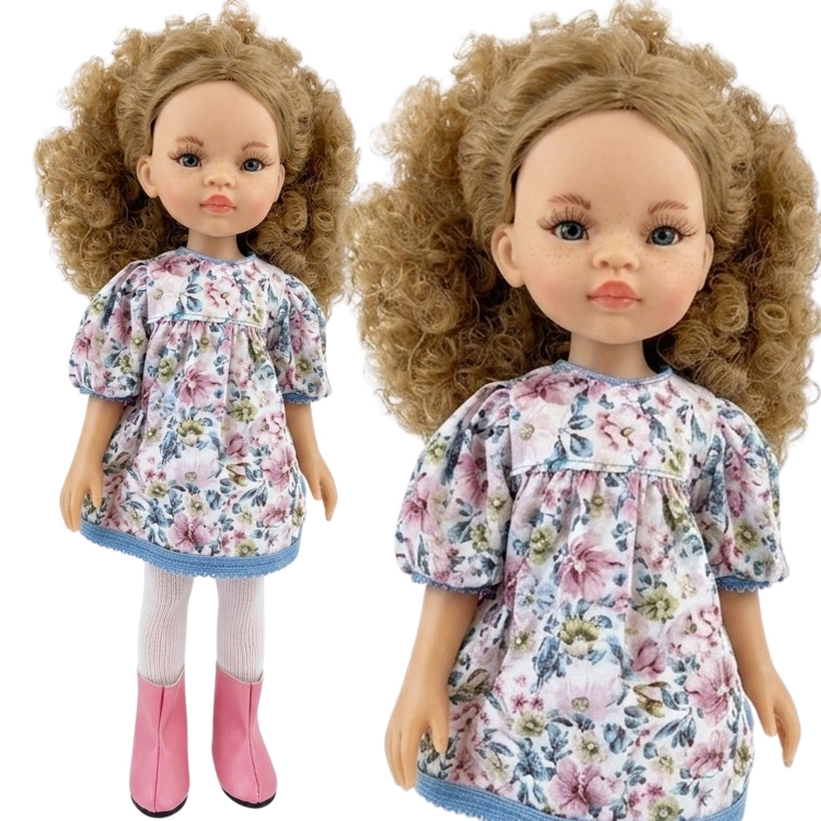 Lalka Hiszpańska 32 cm Paola Reina Amigas 78031, klasyczna, cała z winylu, przegubowa ruchome stawy, niebieskie oczy, piegi na buzi, kręcone blond włosy, sukienka, rajstopy, buciki