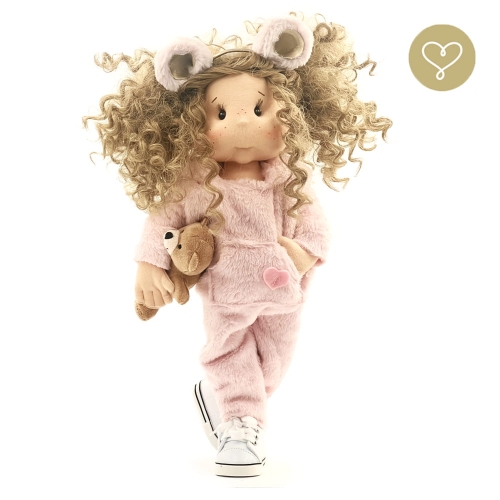 Lalka 38 cm Lullu Dolls Miśka, 3 warianty wyboru, na zdjęciu wariant 2 ruchomy szkielet, kombinezon, buciki, opaska z uszkami, włosy syntetyczne, zabawka misio Zdzisio