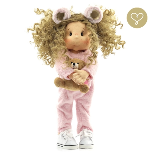 Lalka 38 cm Lullu Dolls Miśka, 3 warianty wyboru, na zdjęciu wariant 2 ruchomy szkielet, kombinezon, buciki, opaska z uszkami, włosy syntetyczne, zabawka misio Zdzisio