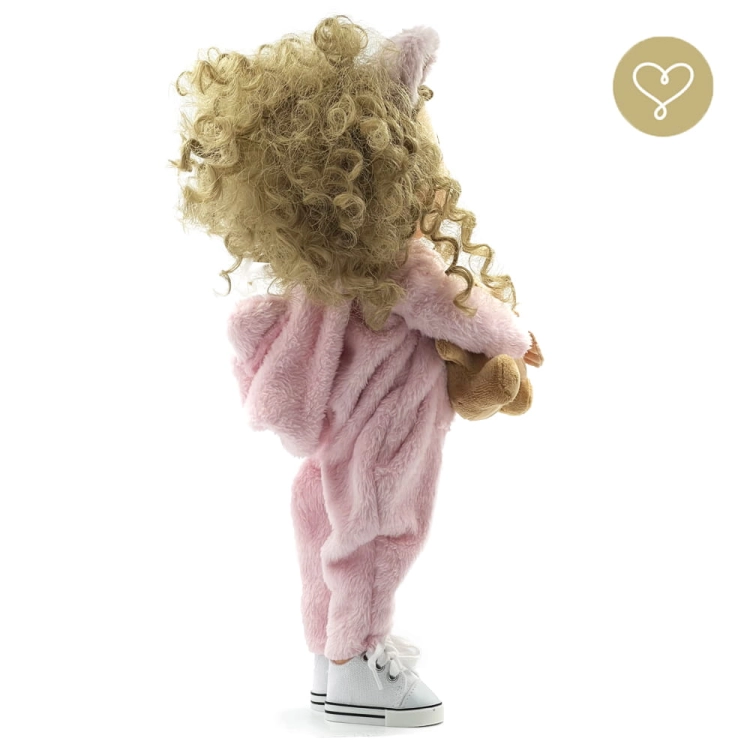 Lalka 38 cm Lullu Dolls Miśka, 3 warianty wyboru, na zdjęciu wariant 2 ruchomy szkielet, kombinezon, buciki, opaska z uszkami, włosy syntetyczne, zabawka misio Zdzisio