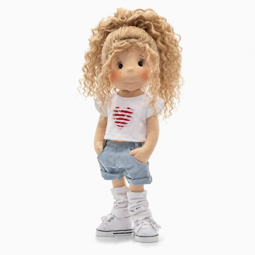 Bluzka Serce dla lalki 38 cm Lullu Dolls, koszulka z rękawkami z falbanką, aplikacja serca