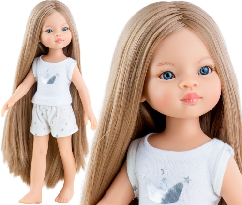 Lalka Hiszpańska 32 cm Paola Reina Amigas 13208 Manica, klasyczna, cała z winylu, w piżamce, długie do kostek proste blond włosy, niebieskie oczy