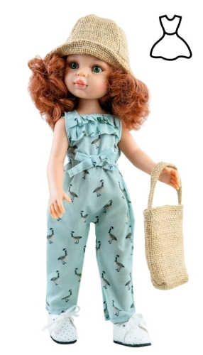 Oryginalne ubranko Paola Reina dla lalki 32 cm Amigas 54429 jasnozielony kombinezon w gąski, kapelusz, torebka