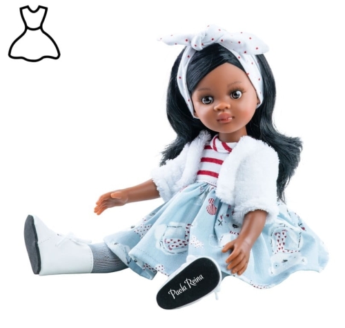 Oryginalne ubranko Paola Reina dla lalki 32 cm Amigas 54436, opaska na głowę, sukienka, puchate bolerko, rajstopki