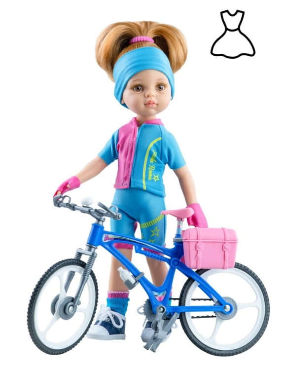 Oryginalne ubranko Paola Reina dla lalki 32 cm Amigas 54654, strój rowerzystki: bluzka, spodenki, skarpetki, opaska na głowę, rękawiczki bez palców