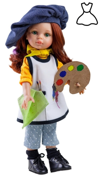 Oryginalne ubranko Paola Reina dla lalki 32 cm Amigas 54652, strój malarki: czapka, bluzka, fartuch, spodnie, skarpetki, paleta