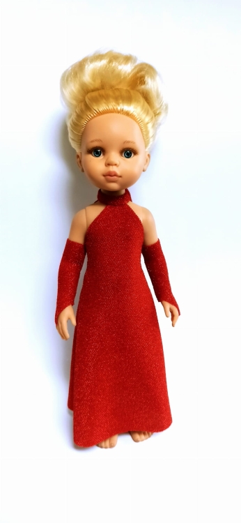 Sukienka Glamur i długie rękawiczki dla lalki Paola Reina Amigas 32 cm, czerwona, błyszcząca, elastyczna, wiązana na szyi