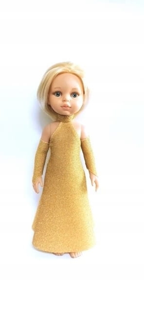 Sukienka Glamur i długie rękawiczki dla lalki Paola Reina Amigas 32 cm, złota, błyszcząca, elastyczna, wiązana na szyi