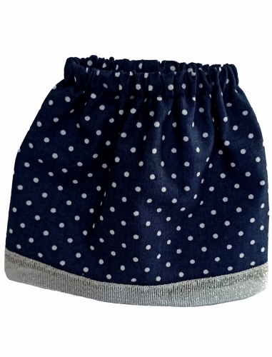 Spódniczka dla lalki Paola Reina Amigas 32 cm, granatowa w groszki, obszyta ozdobną, srebrną taśmą
