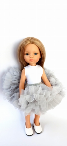 Spódniczka Tutu dla lalki Paola Reina Amigas 32 cm Jasnoszara, w pasie na srebrną gumkę, puszysta