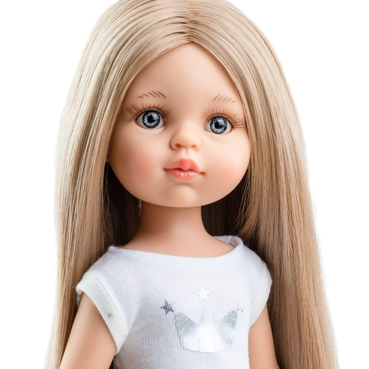 Lalka Hiszpańska 32 cm Paola Reina Amigas 13212 Carla, klasyczna, cała z winylu, w piżamce, długie do kostek proste blond włosy, szaro-niebieskie oczy