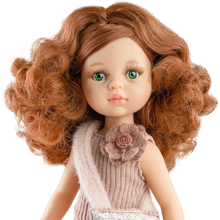 Lalka Hiszpańska 32 cm Paola Reina Amigas 04459 Cristi, klasyczna, cała z winylu, zielone oczy, rude kręcone włosy, piegi na buzi, sukienka, rajstopki, torebka, wiązane buciki