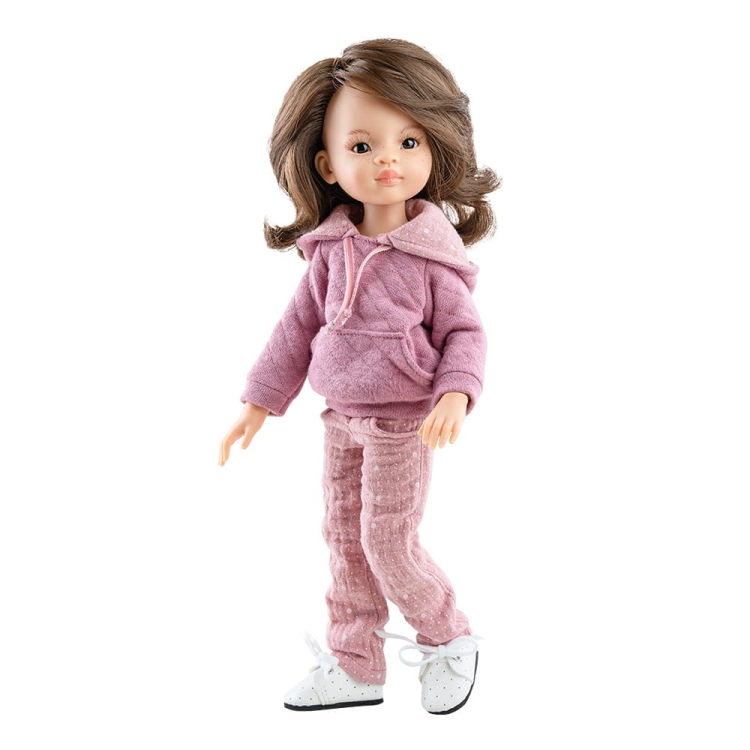 Lalka Hiszpańska 32 cm Paola Reina Amigas 04850 Liu, klasyczna, cała z winylu, przegubowa ruchome stawy, ciemne oczy, brązowe włosy, bluza z kapturem, spodnie, białe wiązane buciki