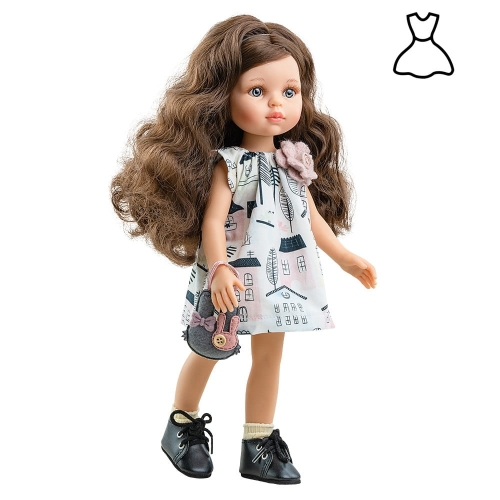 Oryginalne ubranko Paola Reina dla lalki 32 cm Amigas 54457, sukienka we wzorki z ozdobnym kwiatuszkiem, majteczki, torebka, skarpetki