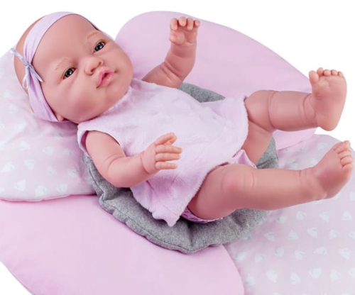 Lalka Hiszpańska 45 cm Paola Reina 05181 Bebita, bobas cały z winylu, dziewczynka, bez włosów, w ubranku, poduszka kwiatek