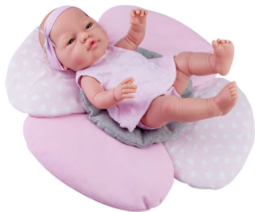 Lalka Hiszpańska 45 cm Paola Reina 05181 Bebita, bobas cały z winylu, dziewczynka, bez włosów, w ubranku, poduszka kwiatek