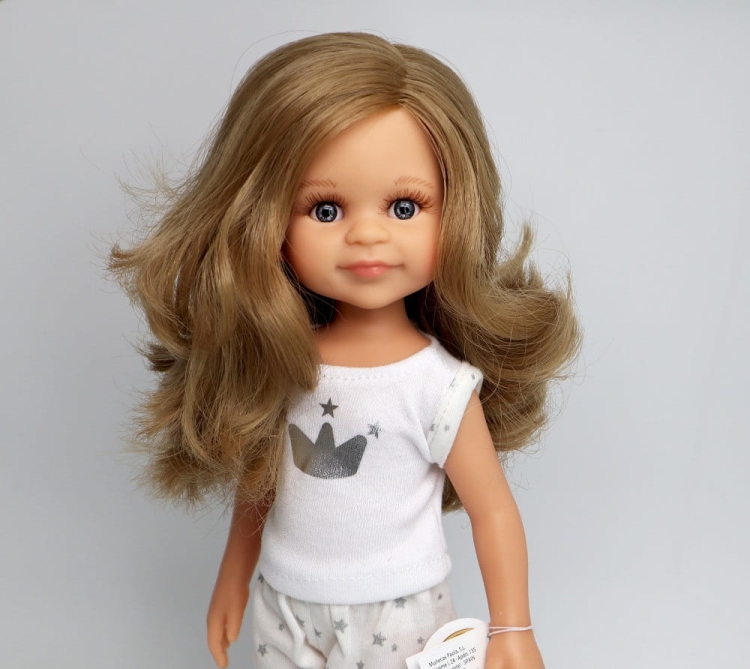 Lalka Hiszpańska 32 cm Paola Reina Amigas 13210 Cleo, klasyczna, cała z winylu, w piżamce, ciemnoblond włosy, niebieskie oczy
