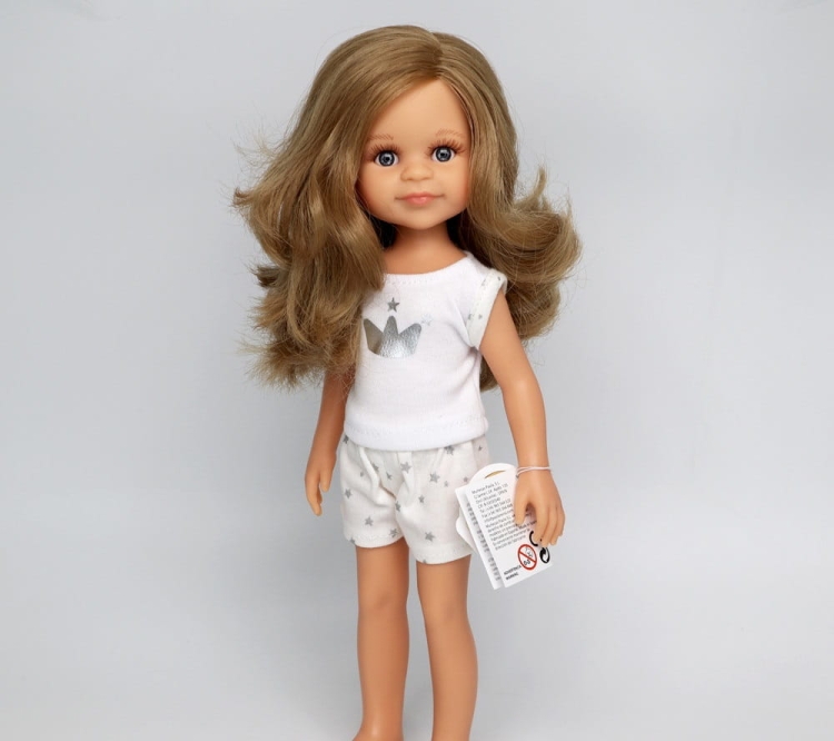 Lalka Hiszpańska 32 cm Paola Reina Amigas 13210 Cleo, klasyczna, cała z winylu, w piżamce, ciemnoblond włosy, niebieskie oczy
