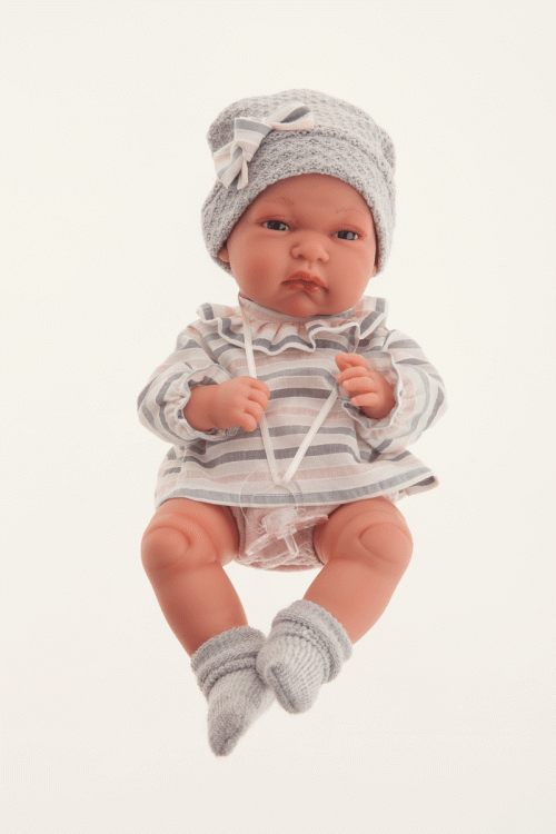 Lalka Hiszpańska 33 cm Antonio Juan 60029 Baby Toneta, bobas cały z winylu, dziewczynka, ubranko, smoczek, dwustronny kocyk