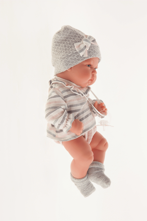 Lalka Hiszpańska 33 cm Antonio Juan 60029 Baby Toneta, bobas cały z winylu, dziewczynka, ubranko, smoczek, dwustronny kocyk
