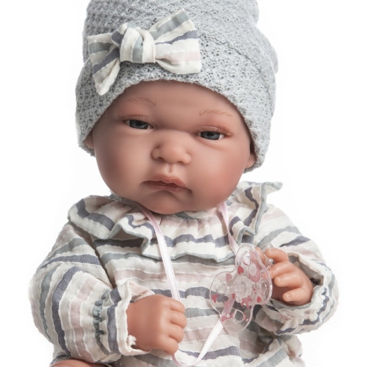 Lalka Hiszpańska 33 cm Antonio Juan 60029 Baby Toneta, bobas cały z winylu, dziewczynka, ubranko, smoczek, dwustronny kocyk