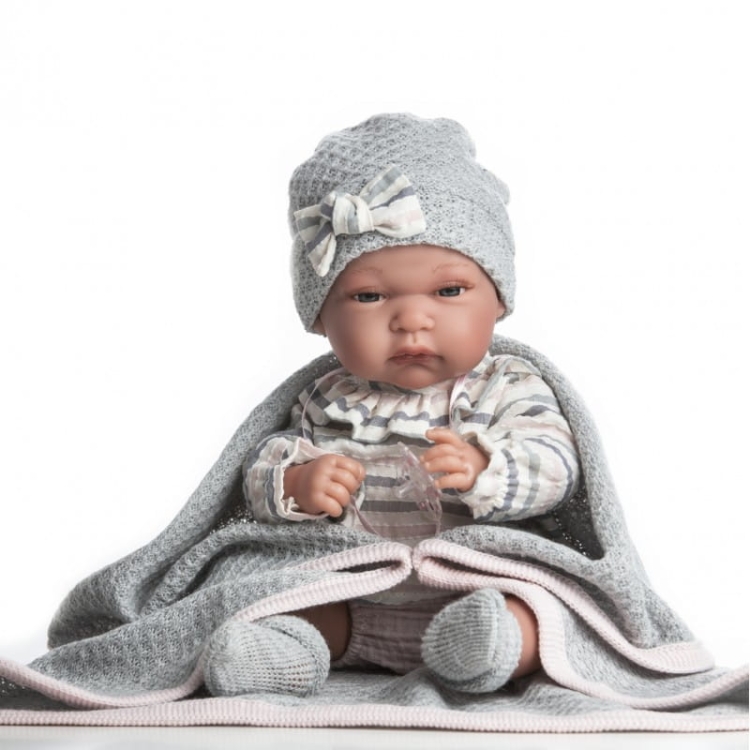 Lalka Hiszpańska 33 cm Antonio Juan 60029 Baby Toneta, bobas cały z winylu, dziewczynka, ubranko, smoczek, dwustronny kocyk
