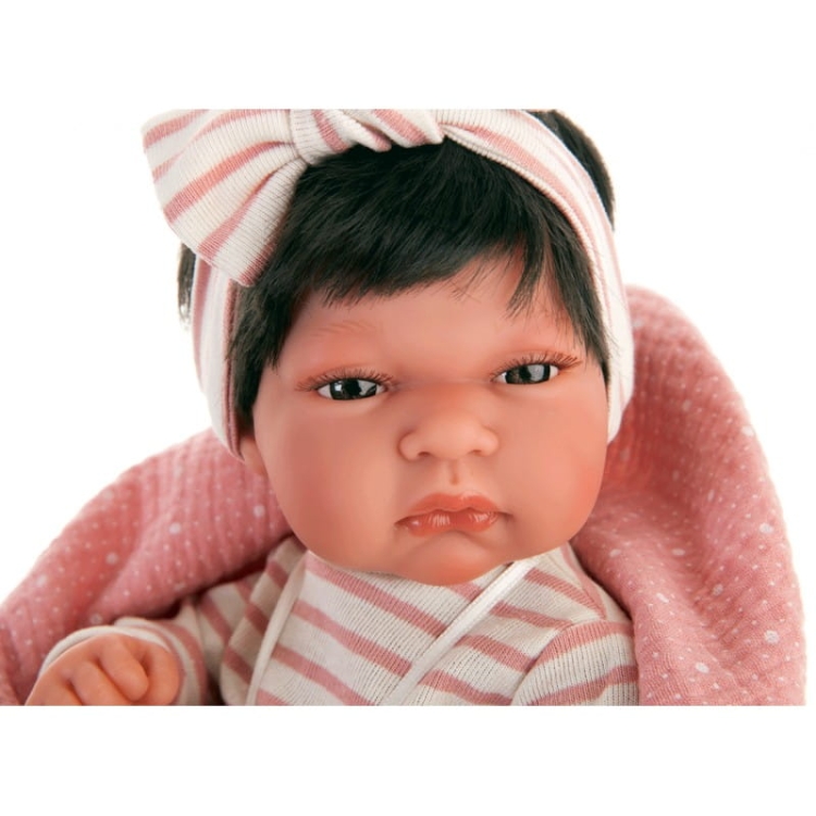 Lalka Hiszpańska 33 cm Antonio Juan 60146 Baby Toneta, bobas cały z winylu, dziewczynka, ciemne krótkie włosy, ubranko, smoczek, dwustronny kocyk