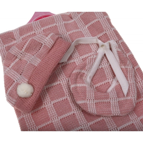 Oryginalne ubranko Antonio Juan dla lalki 26 cm Bobas 0126_32, dzianinowy komplet w odcieniu pudrowego różu: śliniaczek, czapeczka, majteczki, kocyk