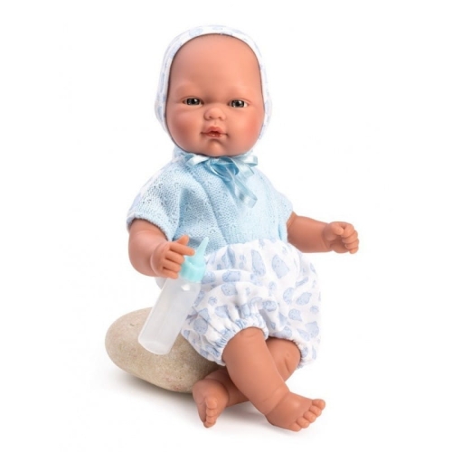 Lalka Hiszpańska 30 cm ASI 0455351 Oli, bobas bez włosów, miękki brzuszek, w niebieskim ubranku, buteleczka