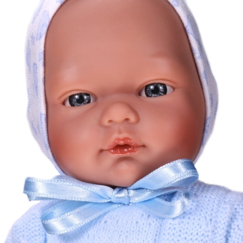 Lalka Hiszpańska 30 cm ASI 0455351 Oli, bobas bez włosów, miękki brzuszek, w niebieskim ubranku, buteleczka