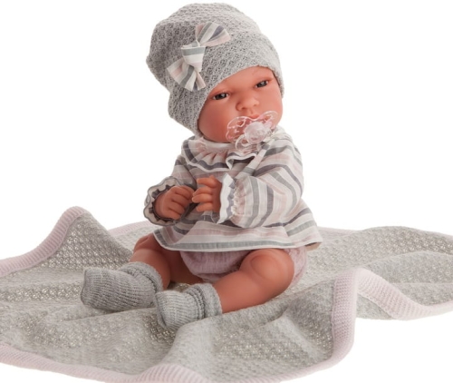 Lalka Hiszpańska 33 cm Antonio Juan 60029 Baby Toneta, bobas cały z winylu, dziewczynka, ubranko, smoczek, dwustronny kocyk