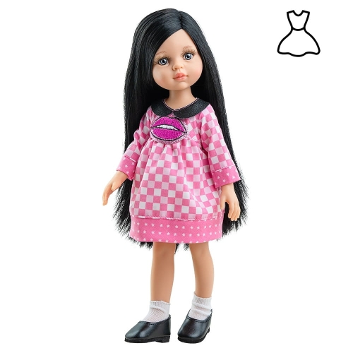Oryginalne ubranko Paola Reina dla lalki 32 cm Amigas 54454_1 różowa sukienka w kratkę z kołnierzykiem i aplikacją, majteczki, białe skarpetki