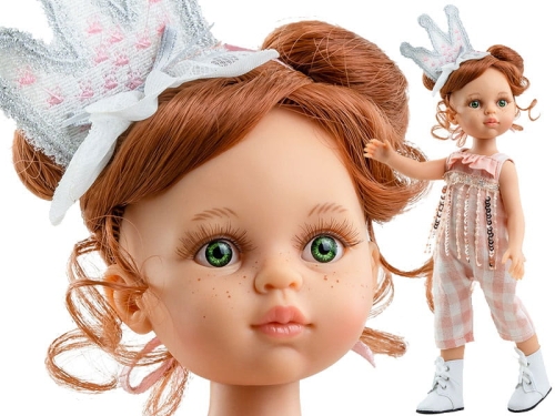 Lalka Hiszpańska 32 cm Paola Reina Amigas 04449 Cristi, klasyczna, cała z winylu, zielone oczy, ciemnorude włosy, piegi na buzi, kombinezon, opaska na głowę, buciki
